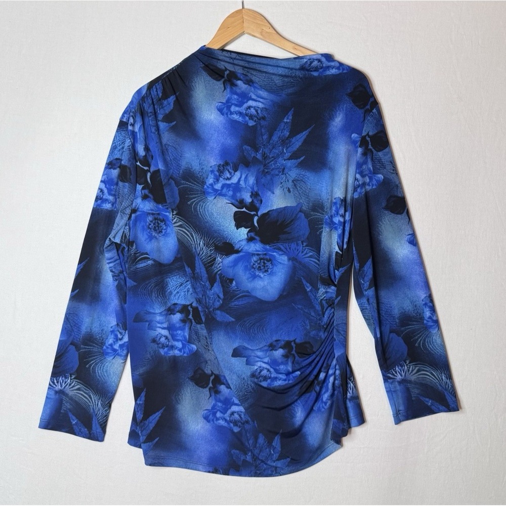 Clara Sun Woo Asymmetric Tunic Top Sz 1X Blue Dark Floral Unique Neck Whimsygoth